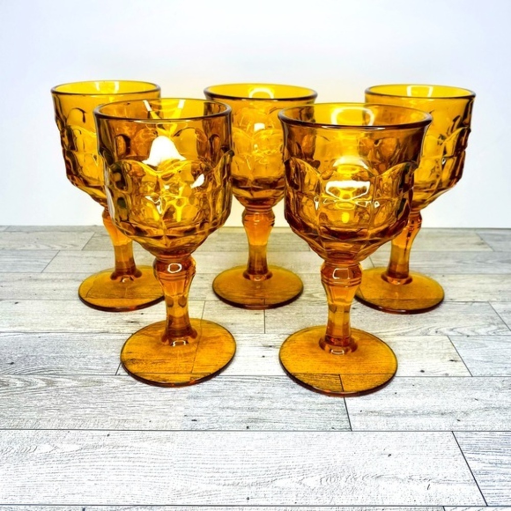 Vintage Amber Glass Water Goblets set of 5
